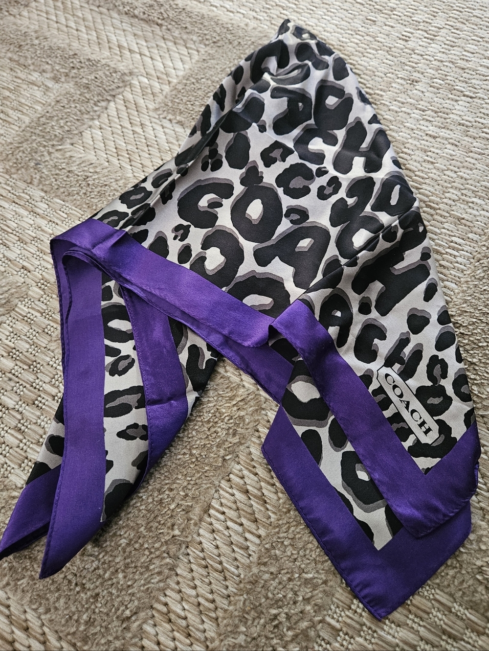 Coach Leopard Logo Print Square Silk Scarf Purple Border